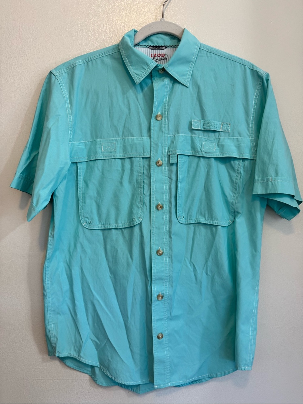 IZOD Surfcaster Short Sleeve Button Down Fishing Shirt - Men's Size Small - Teal